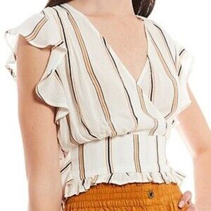 NWT Jessica Simpson Size XS White Stripe Print Flutter Sleeve Tie Back Crop Top